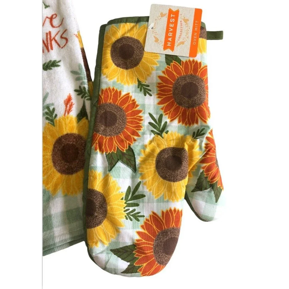 Thanksgiving Sunflowers Dish Towel Oven Mitt Potholder Give Thanks Set of 3